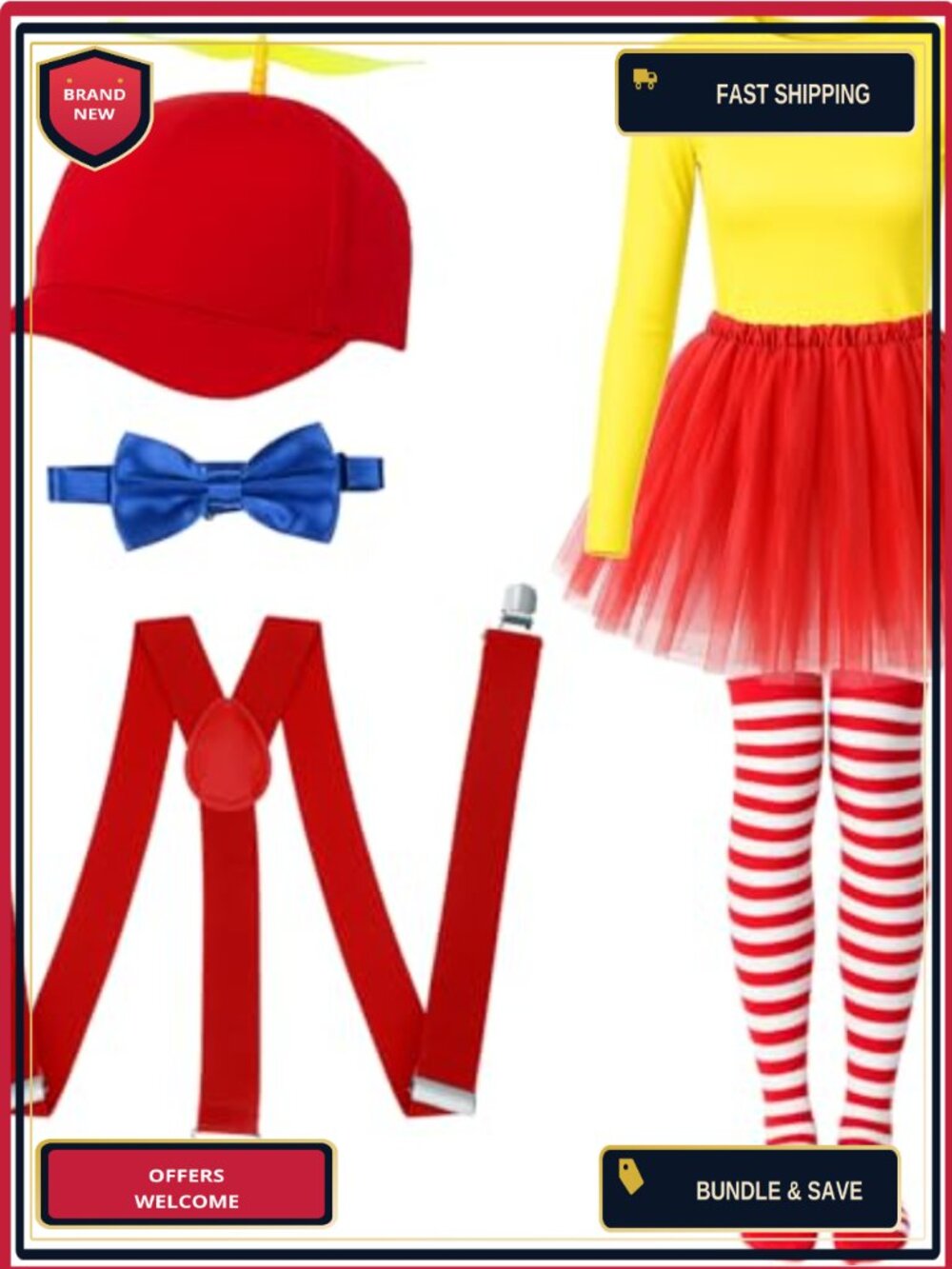 6 Pc Clown Costume Set Polyester Cotton Hat Suspenders Tutu Tights Cosplay